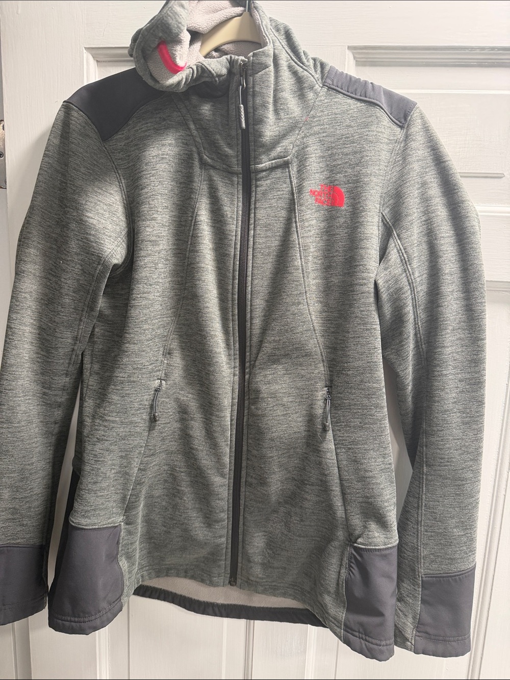 The North Face Grey Hooded Full-Zip Jacket with Pink Logo